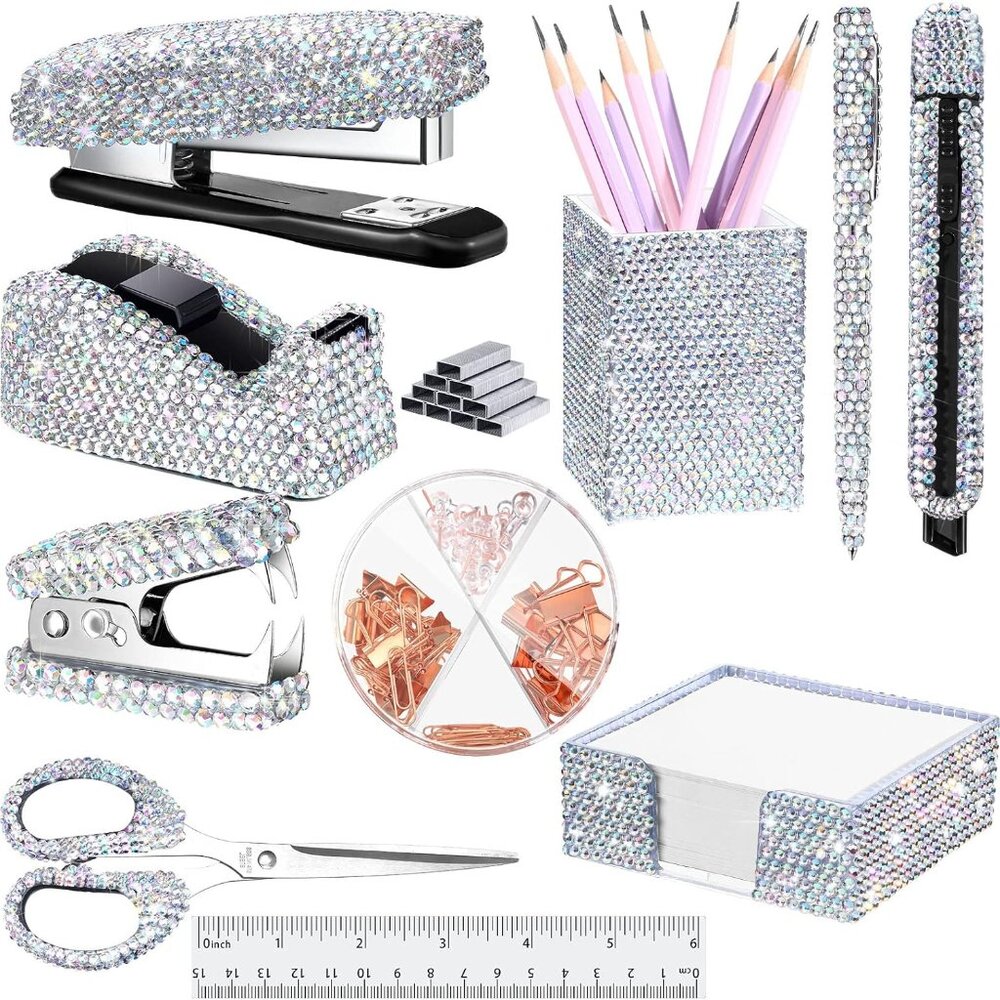 NEW Sparkling Bling Swarovski Crystal Rhinestone Desk Set Pink Or Silver +Gift! - Picture 2 of 2